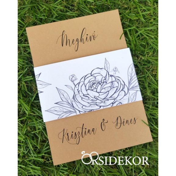 Egylapos esküvői meghívó modern mintás papírpánttal