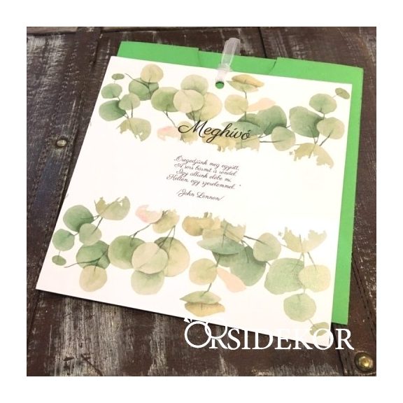 Kétoldalas, greenery esküvői meghívó papírtokban