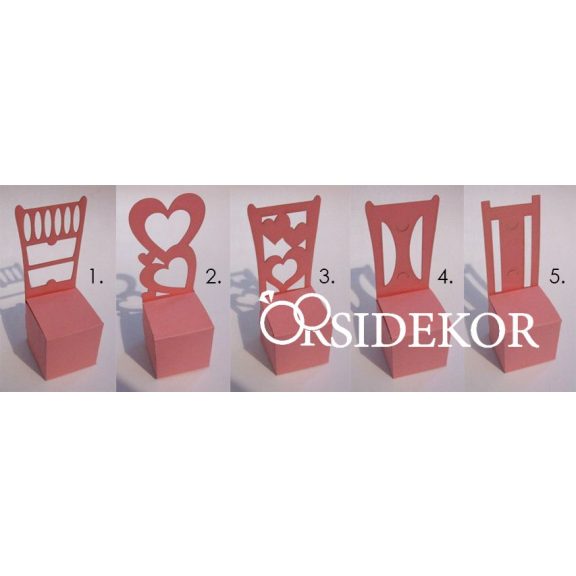 Szék formájú köszönetajándék-doboz cukrozott mandulával, csokiszívvel