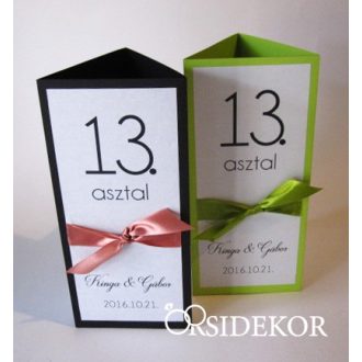   Menüháromszög és asztalszám 2 az 1-ben, szalaggal díszítve
