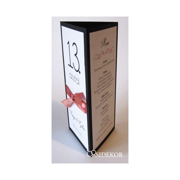 Menüháromszög és asztalszám 2 az 1-ben, szalaggal díszítve