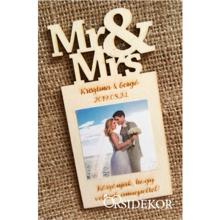 Fényképes fa hűtőmágnes, Mr&Mrs