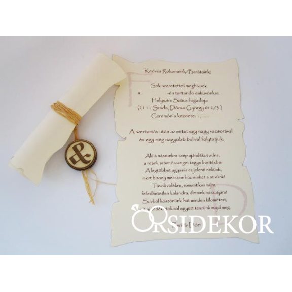 Pergamen esküvői meghívó egyedi fa rátéttel