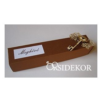   Dobozos esküvői meghívó jutával és fa kulccsal, 3x16 cm