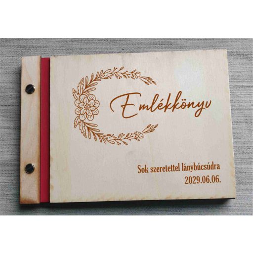 Lánybúcsú emlékkönyv, gravírozott fa borítású