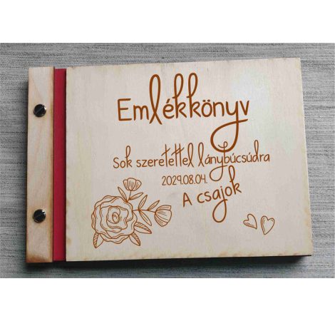 Lánybúcsú emlékkönyv, gravírozott fa borítású virágos Lánybúcsú emlékkönyv, gravírozott fa borítású virágos