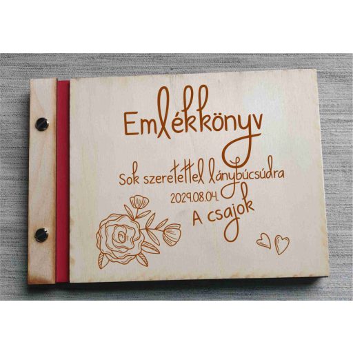 Lánybúcsú emlékkönyv, gravírozott fa borítású virágos