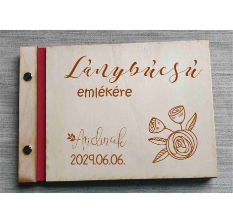 Lánybúcsú emlékkönyv, gravírozott fa borítású virágos