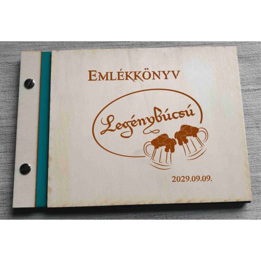 Legénybúcsú emlékkönyv, gravírozott fa borítású 