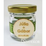   Köszönetajándék üvegcse fa dísszel és pöttyös szalaggal