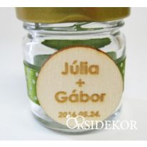   Köszönetajándék üvegcse fa dísszel és pöttyös szalaggal