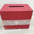   Bordó jókívánsággyújtó doboz / persely csipkével és virággal