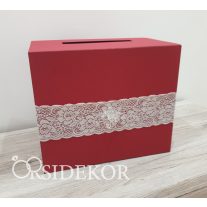   Bordó jókívánsággyújtó doboz / persely csipkével és virággal