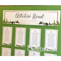 Esküvői ültetési rend virágos grafikával díszítve 