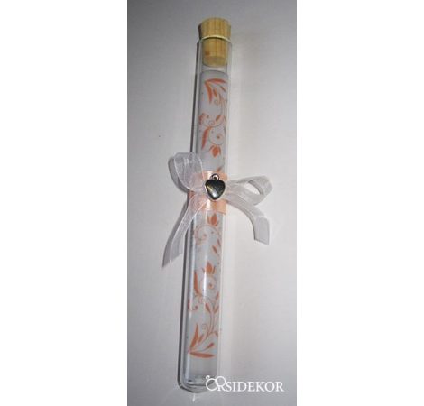 Kémcsöves esküvői meghívó szalaggal és fém szív dísszel