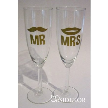 Esküvői pezsgőspohár, arany, Mrs&Mr 