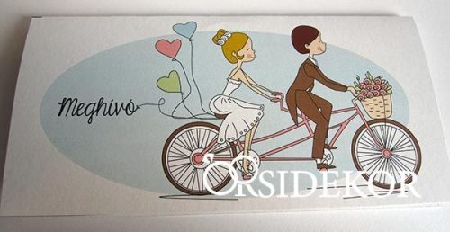 Esküvői meghívó biciklis vőlegény-menyasszony mintával