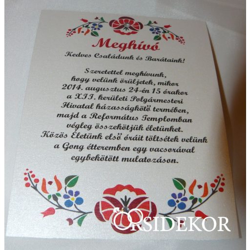 Egylapos esküvői meghívó magyaros mintával